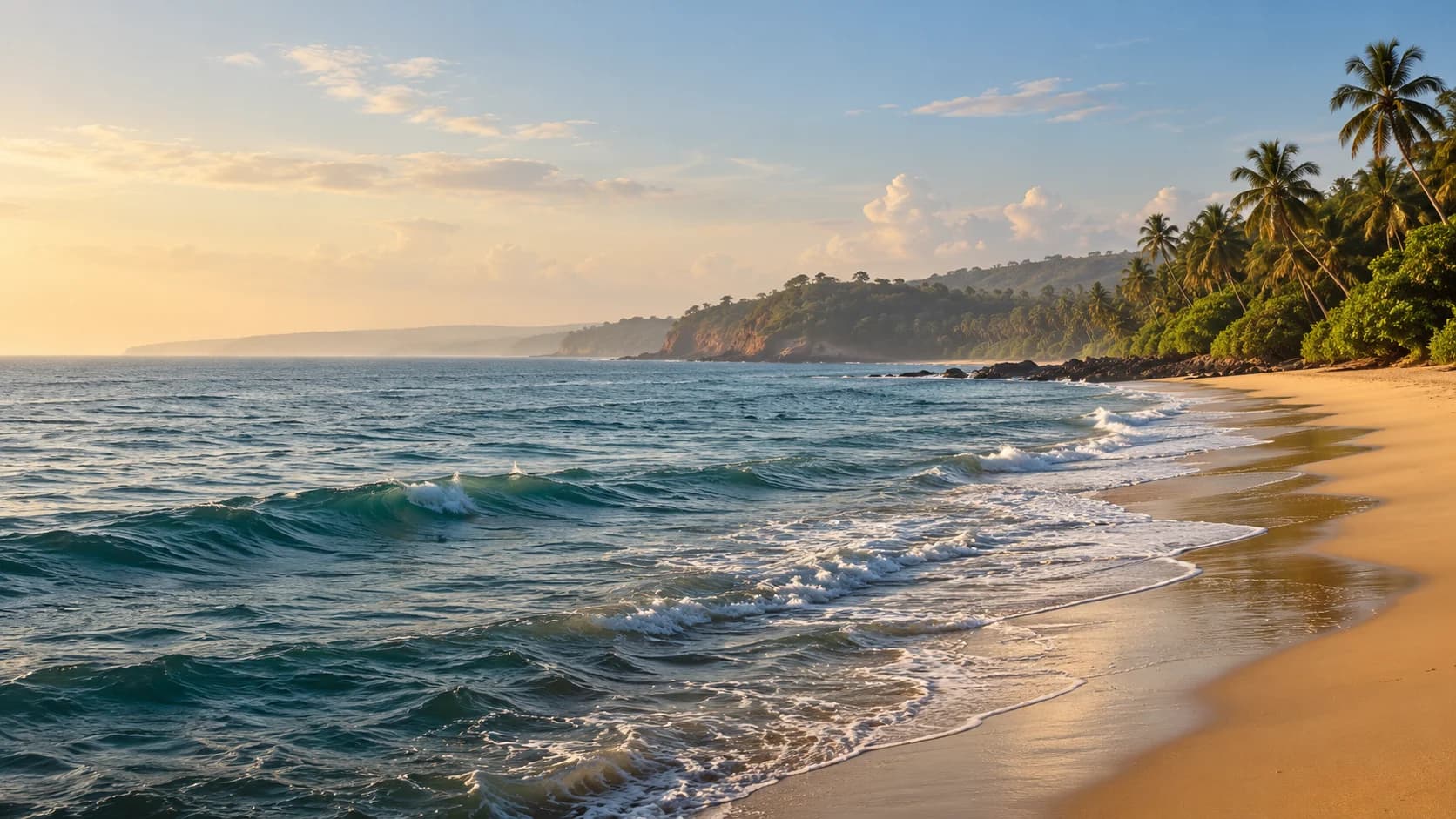 An illustrative Konkan-inspired coastline with gentle surf and coconut palms